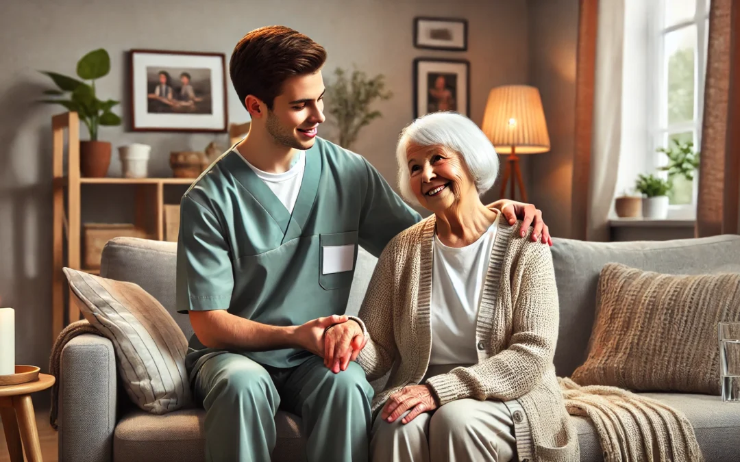 A photorealistic image showing a home health aide assisting an elderly woman with non-medical tasks