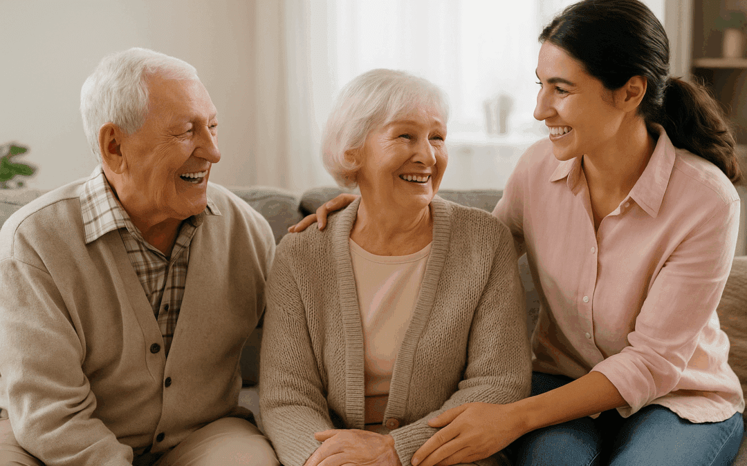 A smiling senior couple with their family, representing the importance of planning ahead for home care needs.