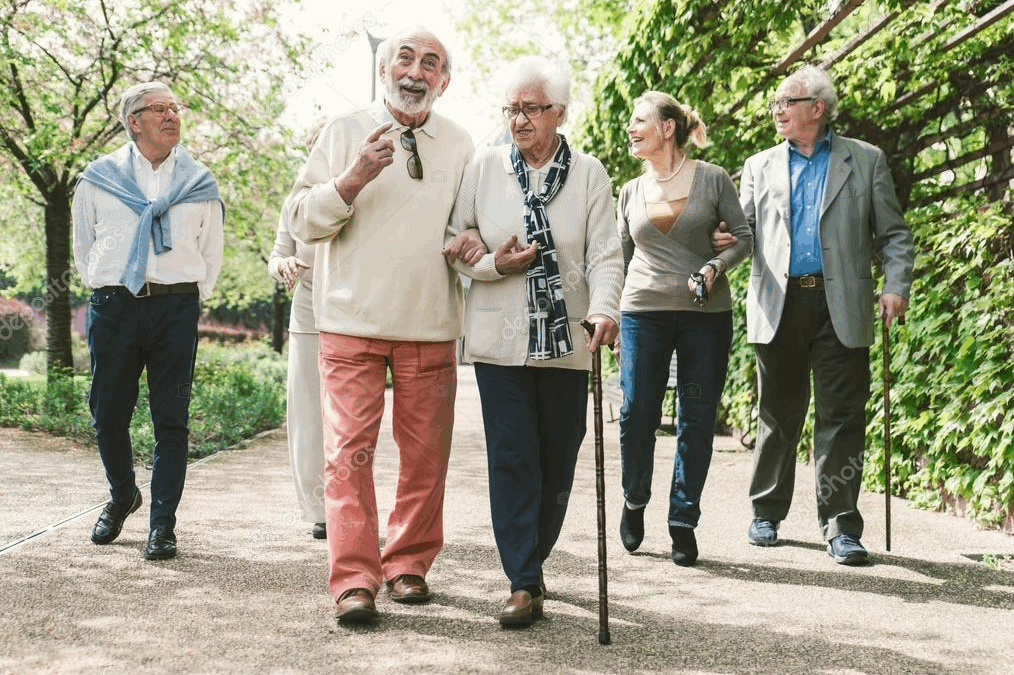 Seniors walking in a park, showing safety and senior independence.