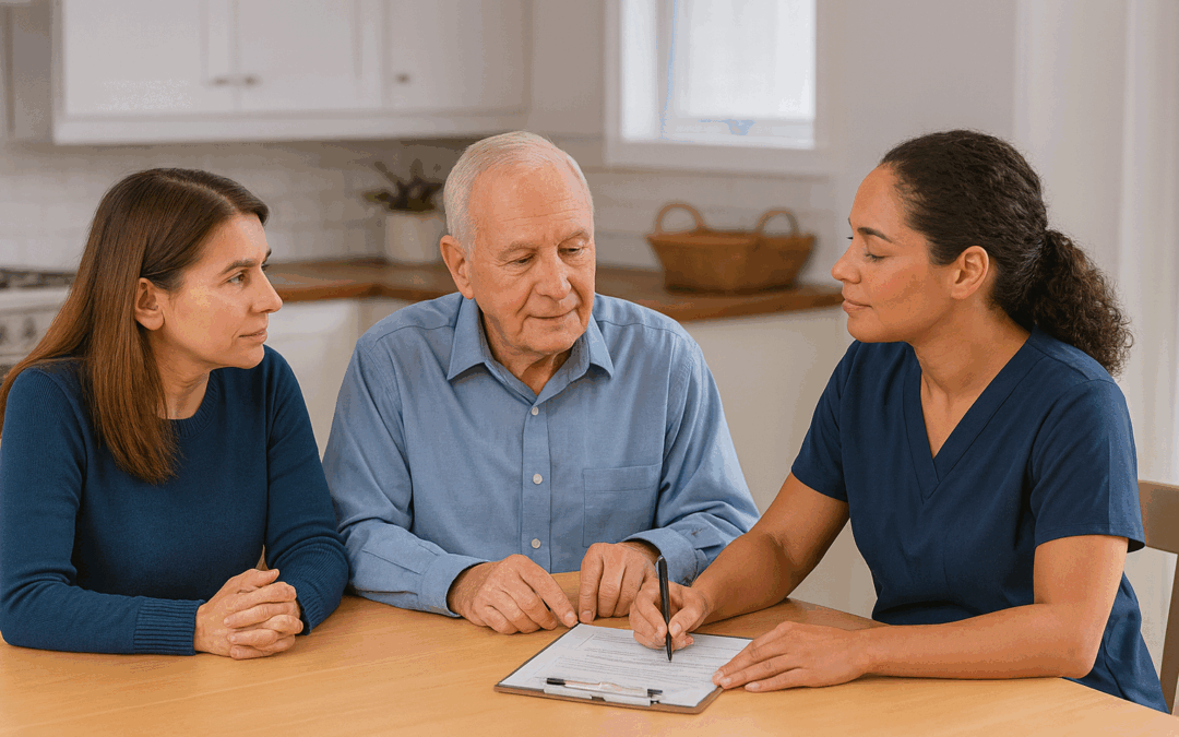 family with caregiver reviewing care plan
