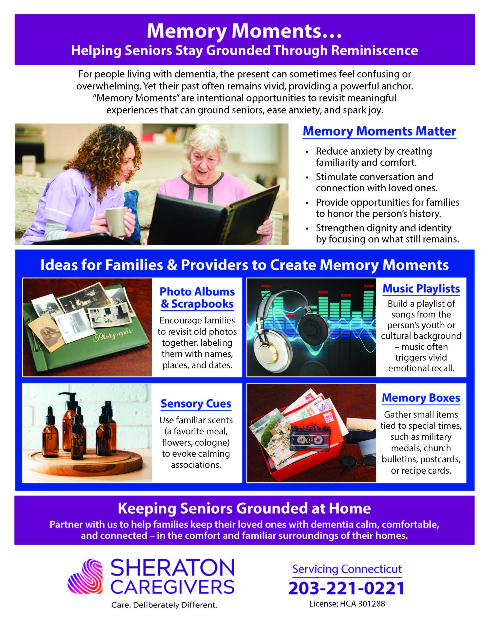 Caregiver and senior looking through a family photo album at a kitchen table