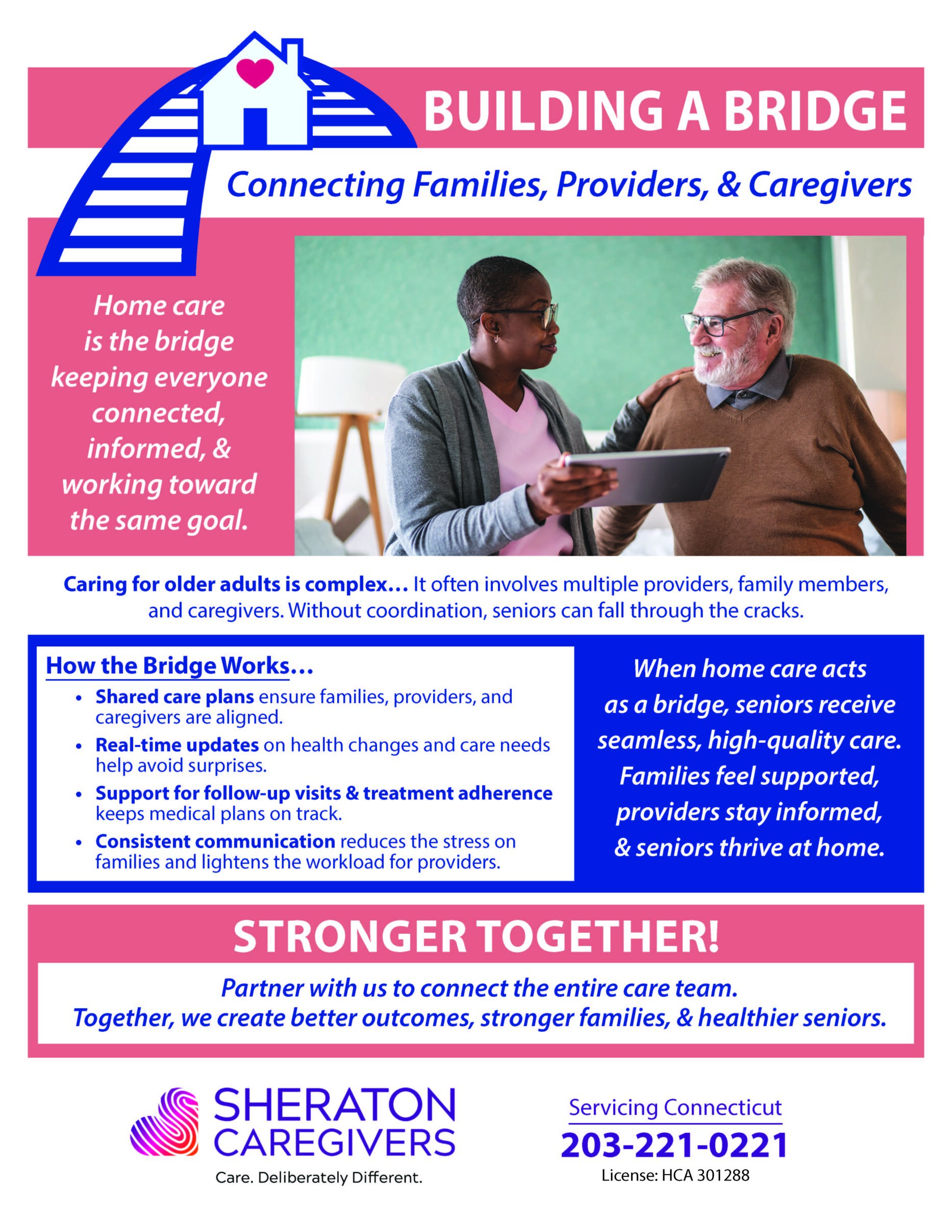 Caregiver and senior looking through a family photo album at a kitchen table showing a home care bridge between families providers and caregivers in Connecticut