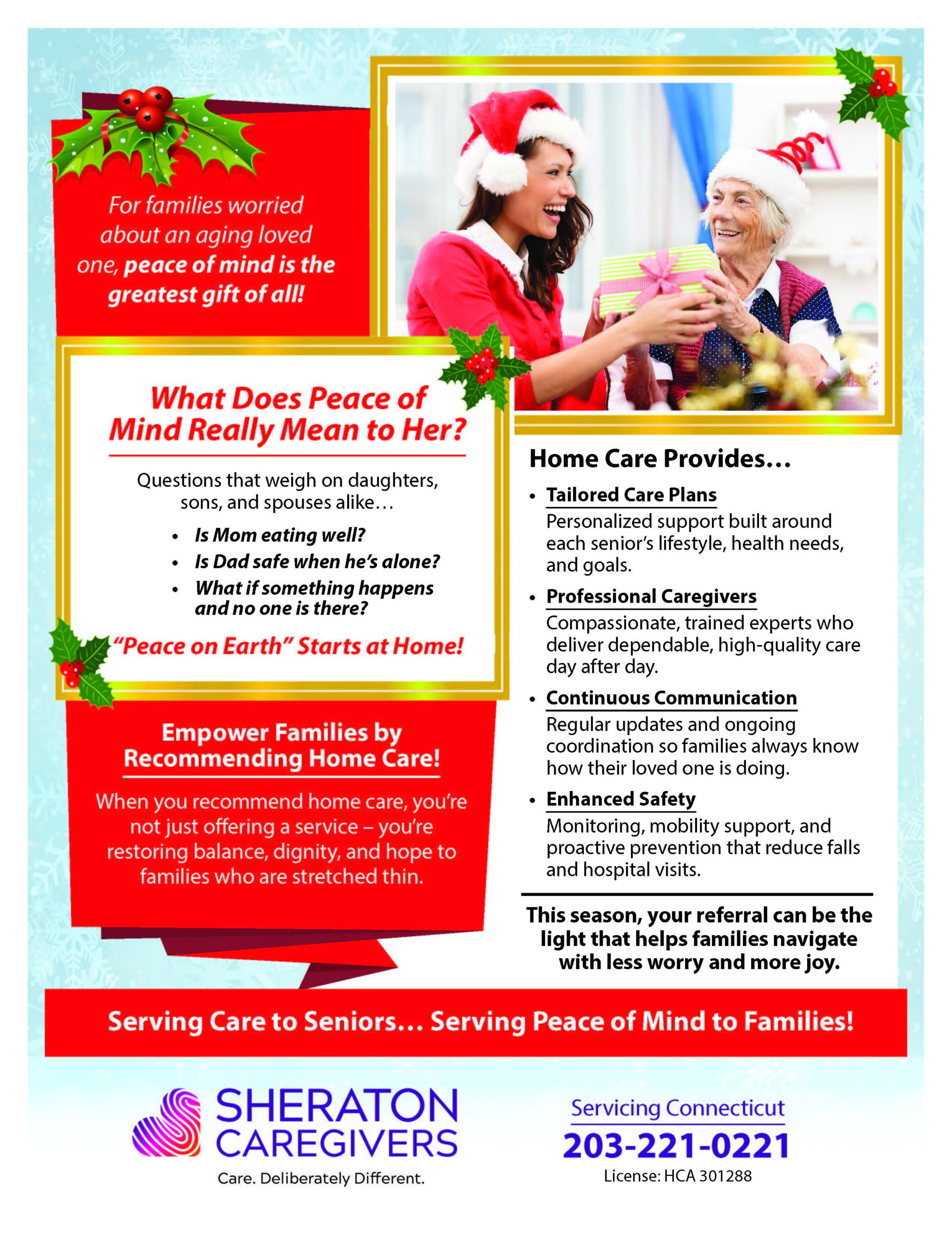 In home care peace flyer showing support for seniors and families in Connecticut