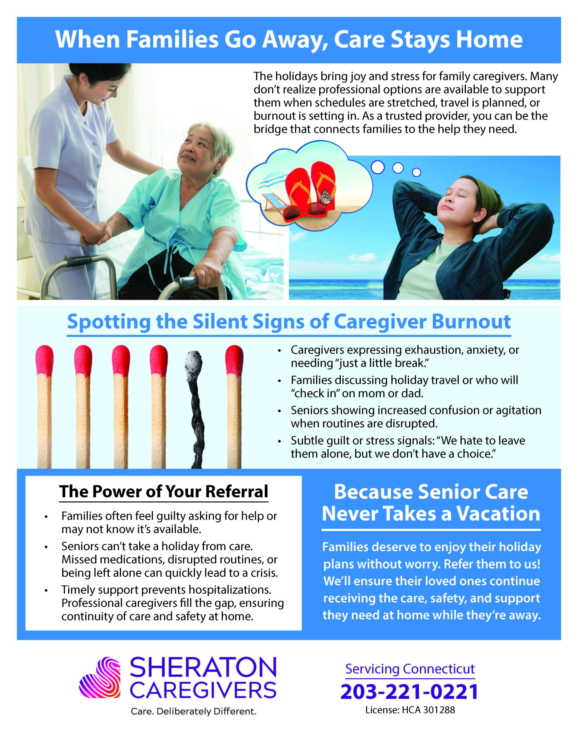 Holiday respite care for seniors flyer showing caregiver burnout signs and support from Sheraton Caregivers in Connecticut