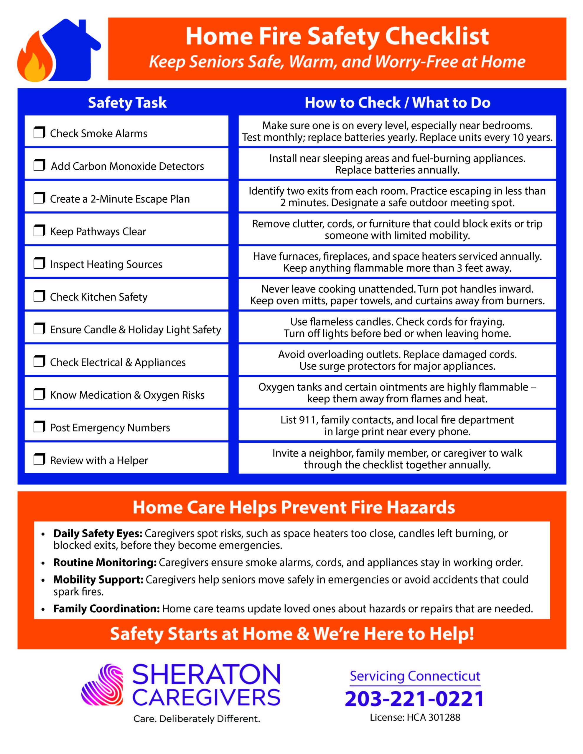 caregiver helping with senior fire safety checklist at home