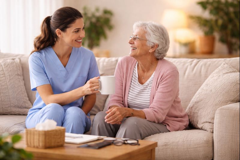 Caregiver support in Connecticut with a professional caregiver providing companionship and reassurance to a senior at home
