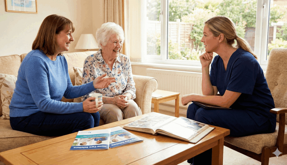 Professional caregiver meeting with a family and older adult at home in Connecticut