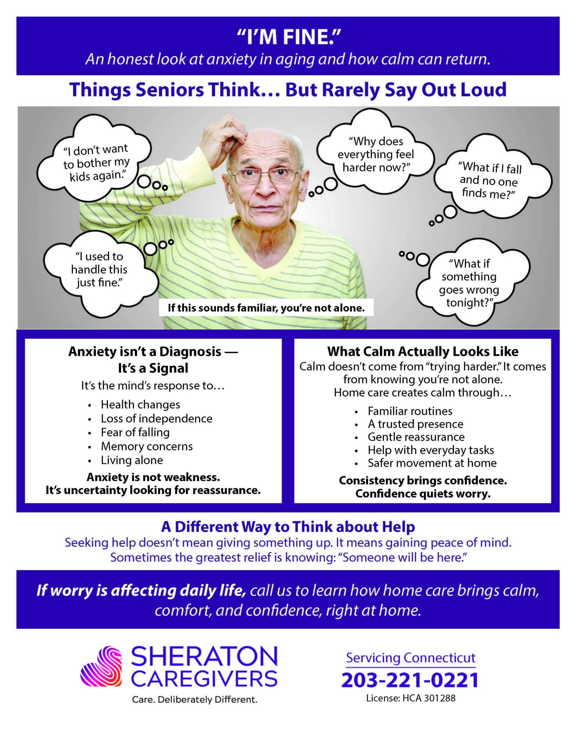 Senior experiencing anxiety in aging Connecticut with concerns about safety and independence