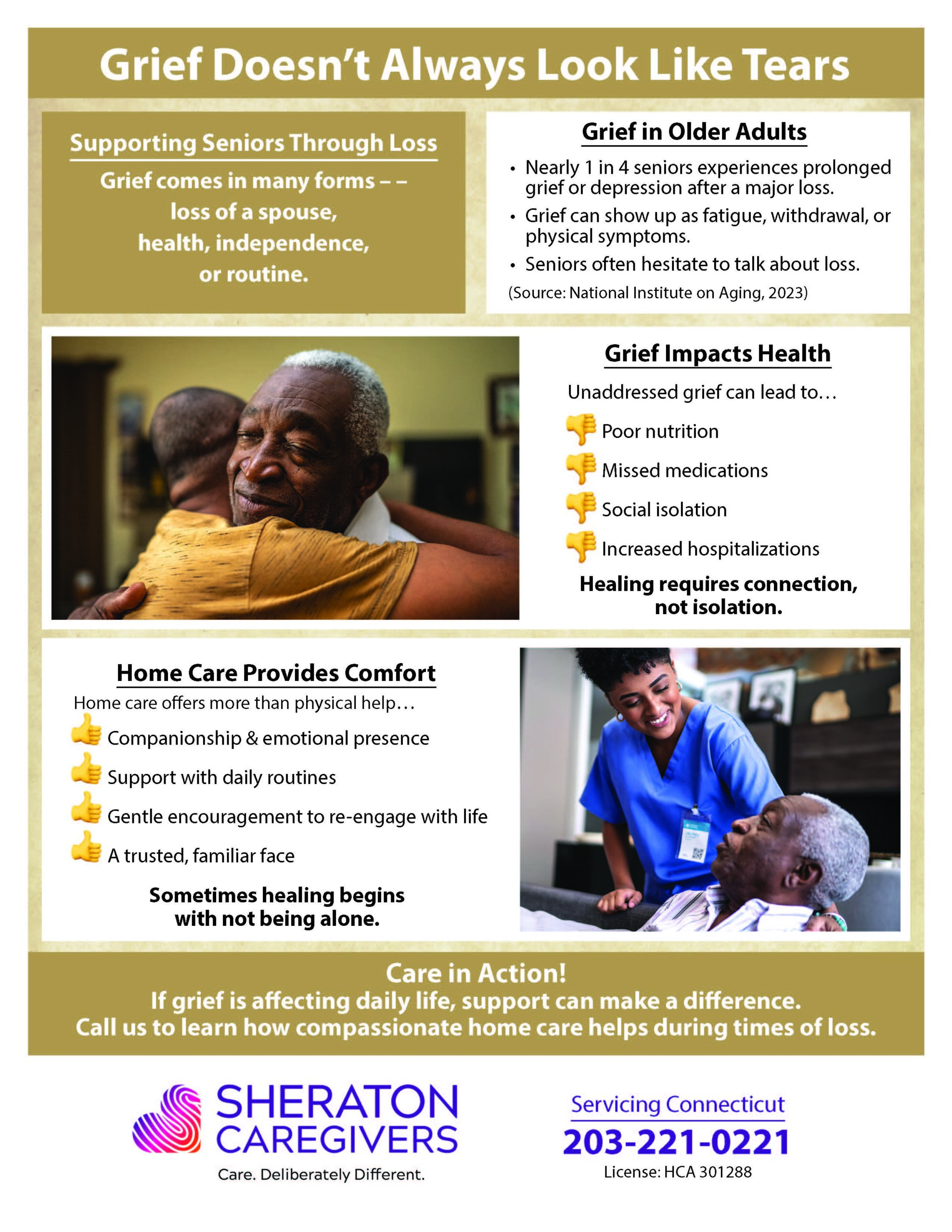 Grief support for seniors in Connecticut showing signs like withdrawal, fatigue, and need for home care support