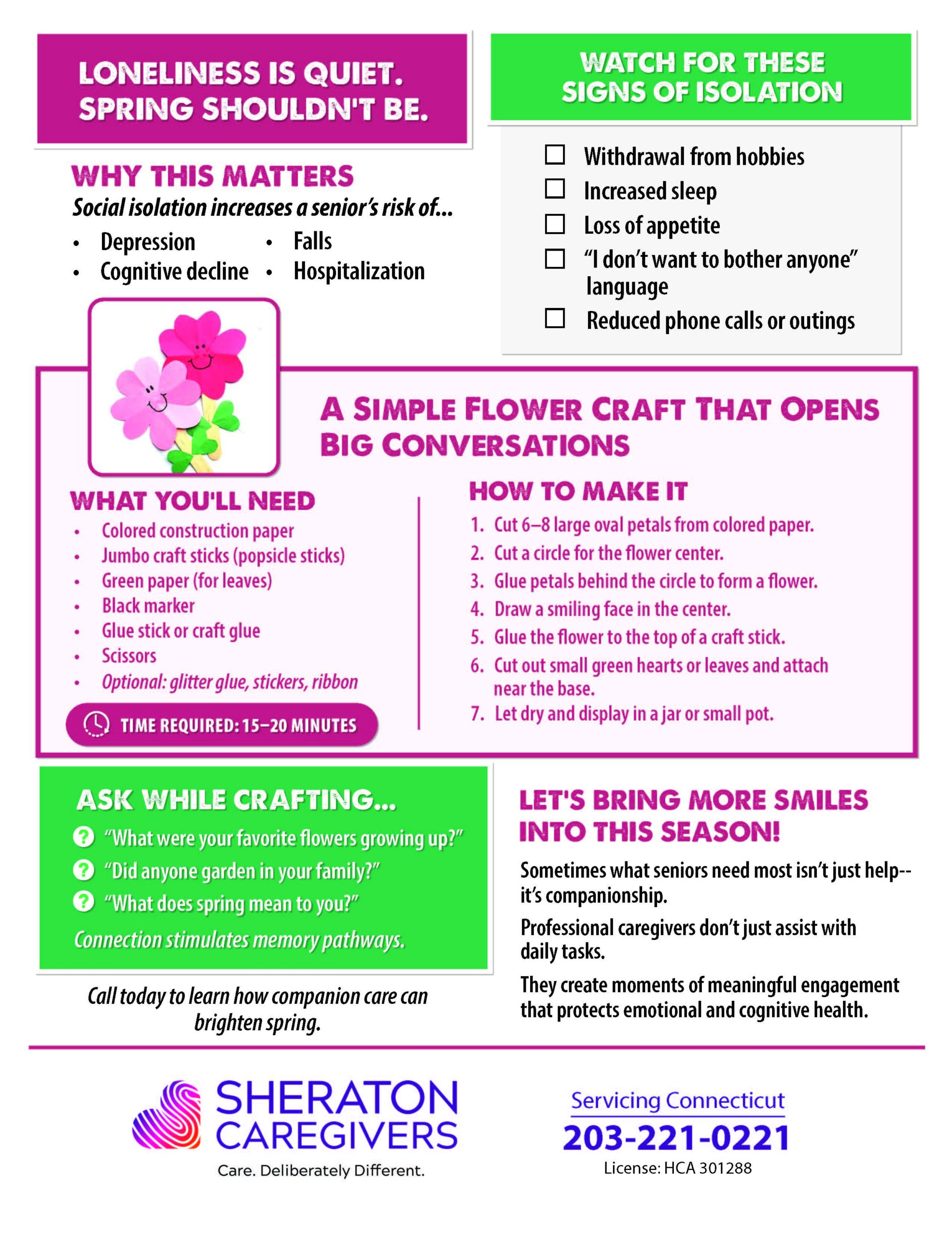 Senior companionship Connecticut caregiver making a spring flower craft with a senior at home