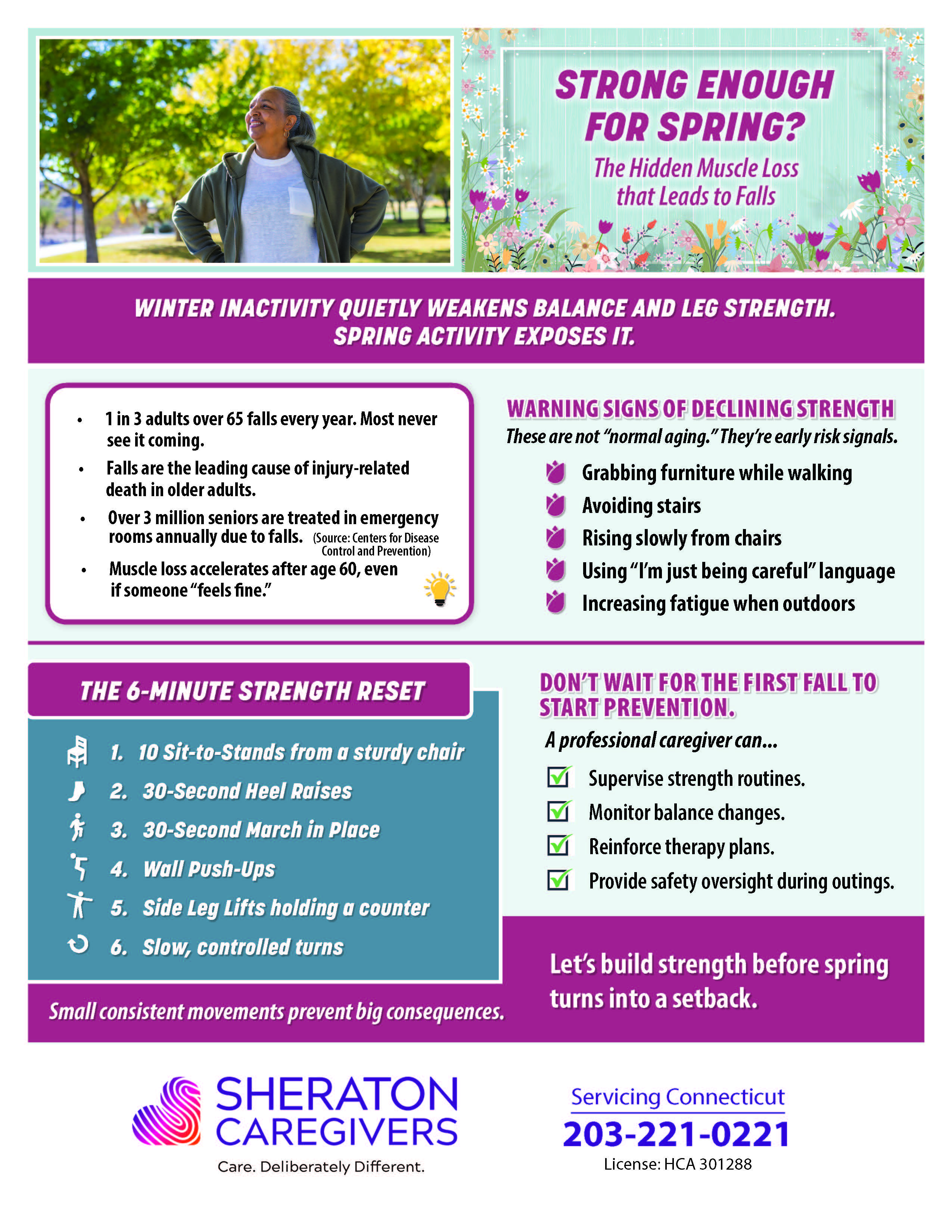 Spring fall prevention guide for seniors in Connecticut showing early strength warning signs and simple exercises