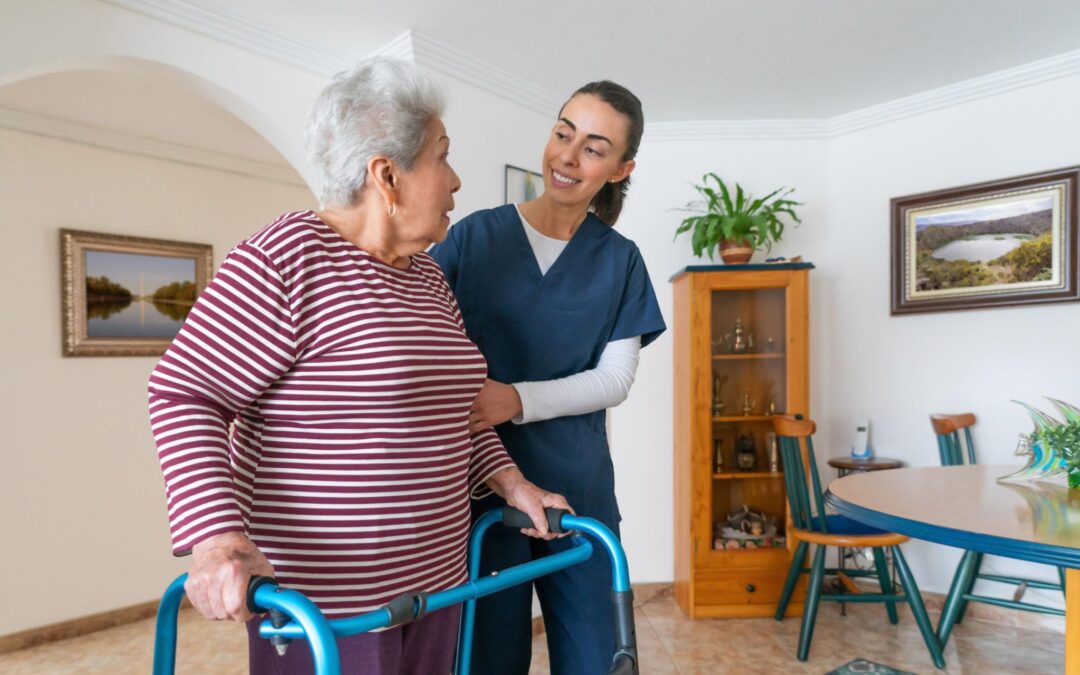 Senior hospital readmission prevention Connecticut caregiver assisting senior walking safely at home with walker